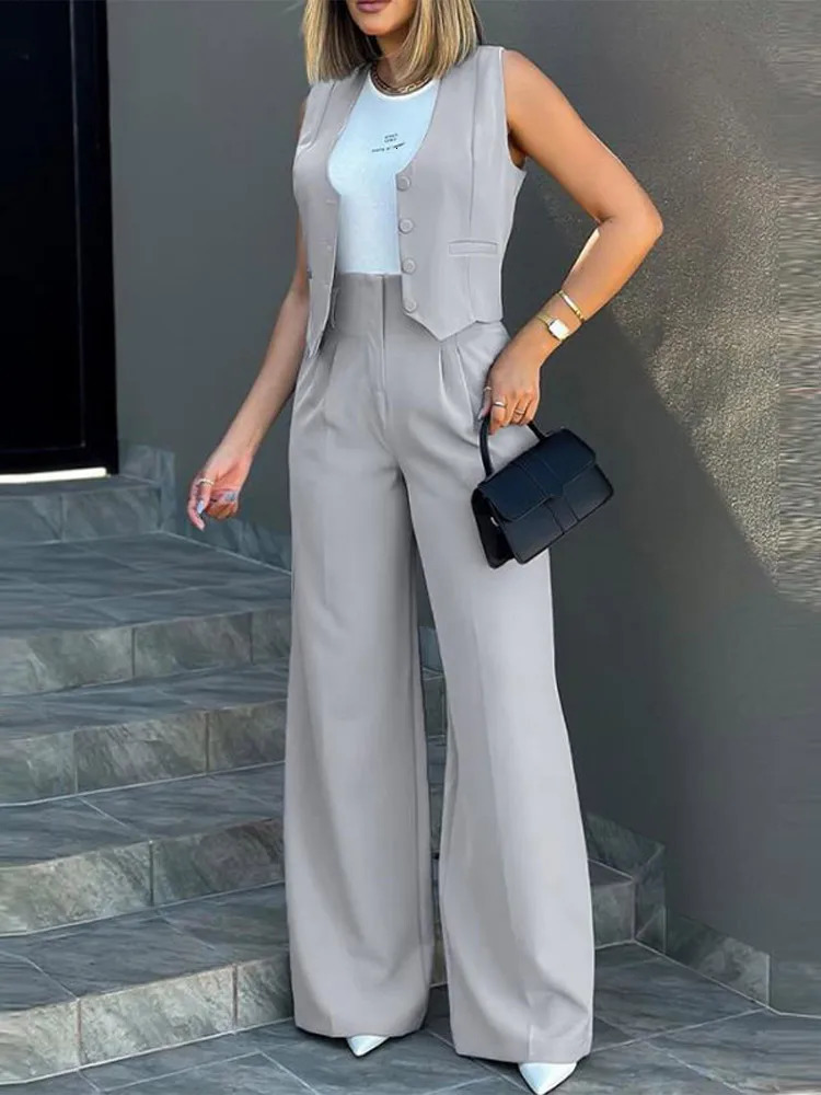 Elegant Button Vest Wideleg Pants Suit Women Two Piece Set Vneck Solid Singlebreasted Crop Top Trouser Office Lady Streetwear 240314