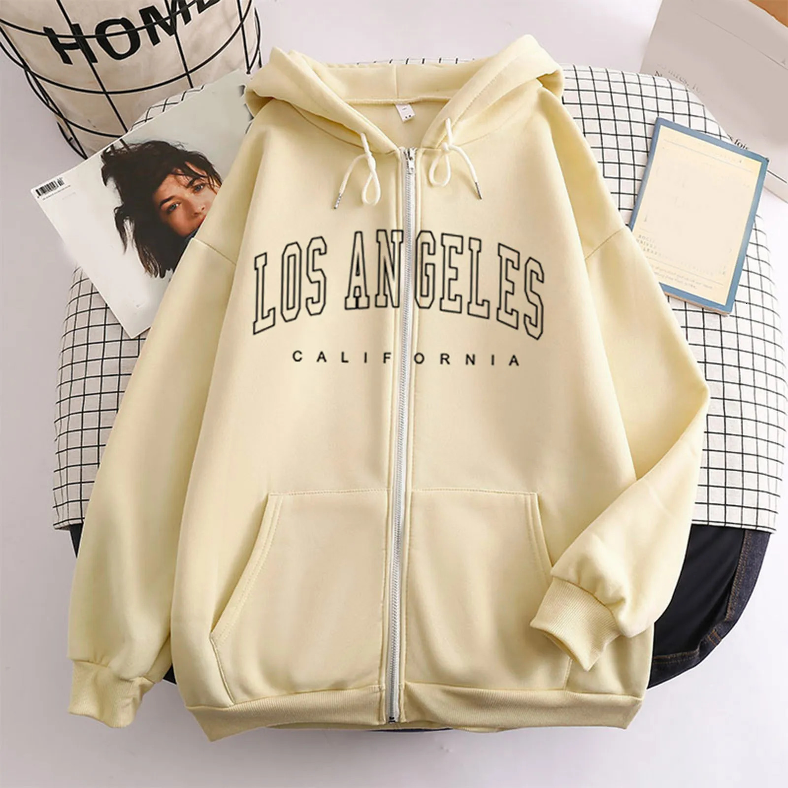Los Angeles Letter Print Zip up Harajuku Hoodies Jacket Women Casual Oversized Sweatshirt Female Streetwear Pockets Hooded Coats 240318