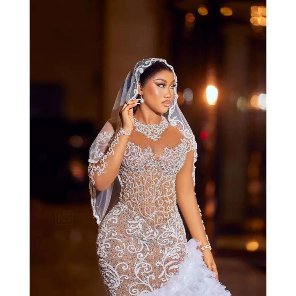 Aso Oct Ebi Arabic Plus Size Ivory Mermaid Wedding Dress For Bride Beaded Lace Tiers Tulle Bridal Gowns Dresses ZJ Es 0505
