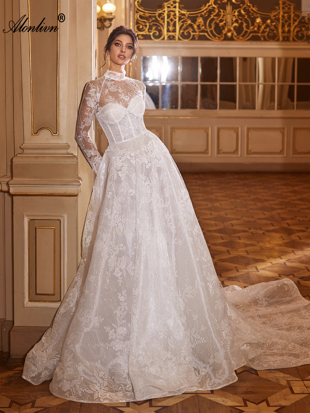 ral Prints Removable High Collar Full Sleeves Jecket A-e Wedding Dress Sparkly Appliques Lace Elegant Bridal Gowns embroidered With Delicate bg Tulle