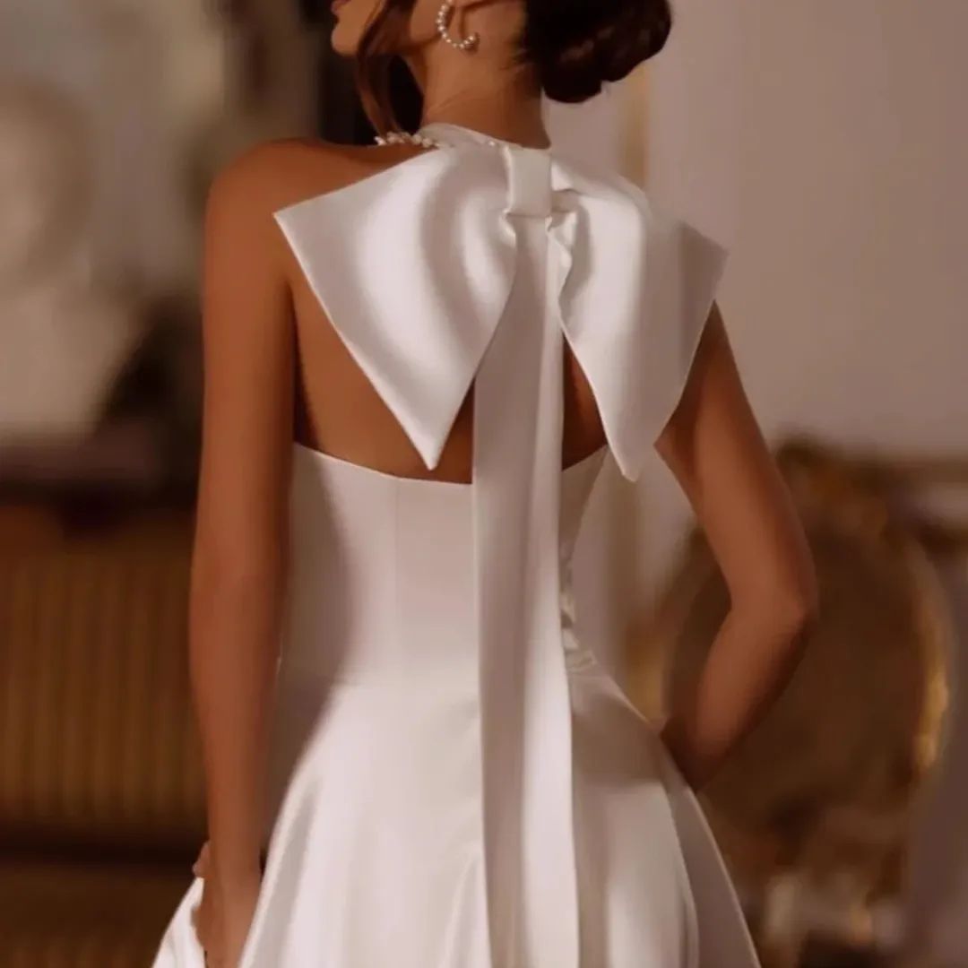 Line Elegant A Dress Halter Bow Satin Wedding Dresses Front Slit Designer Bridal Gowns Country Robe Mariage es