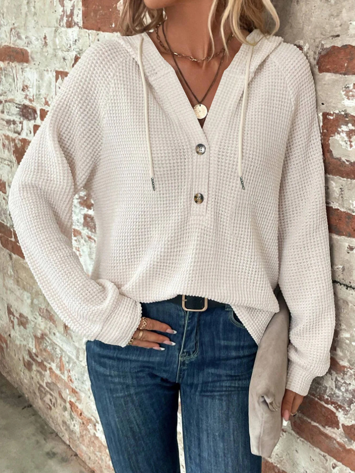 autumnwinter solid color hooded button loose long sleeved hoodie for women 240318