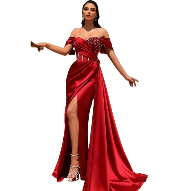 2024 Crystals Beaded Mermaid Evening Dresses Off the Shoulder Front Slit Long Sexy Birthday Party Prom Dress For Women Corset Peplum Dark Red Special 