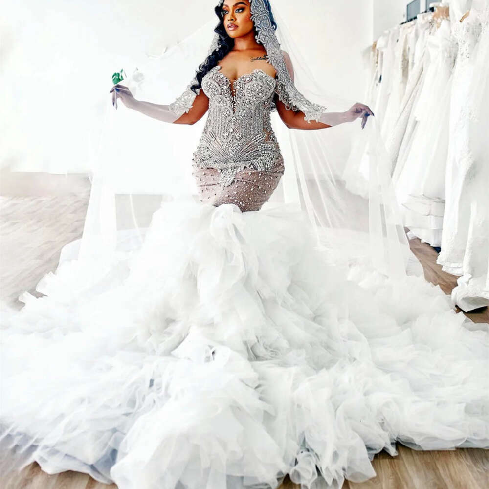 Plus Arabic Aso Ebi Size Urious Mermaid Wedding Dress Beaded Crystals Tulle Detachable Train Tiers Bridal Gowns Dresses ZJ Es 0618