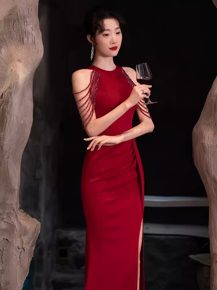 Wine red Women Cocktail Long Maxi Dress off Shoulder Side Split Formal Prom Evening Party Ball Gown