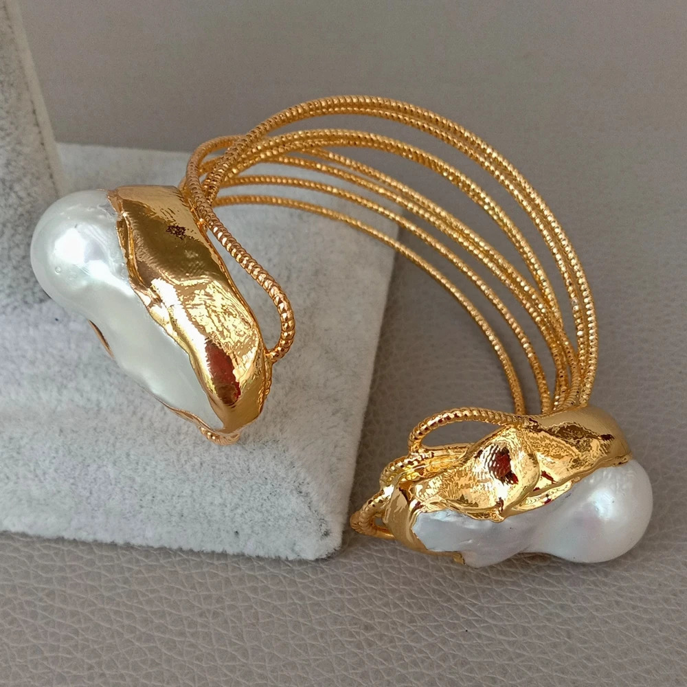 YYING Cultured White Keshi Pearl Bangle Gold color Plated Bracelet 240318