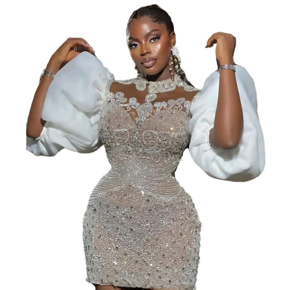 Arabic Ebi Nov Aso Plus Size Beaded Crystals Wedding Dress Sheer Neck Short Mini Sheath Bridal Gowns Dresses ZJ Es