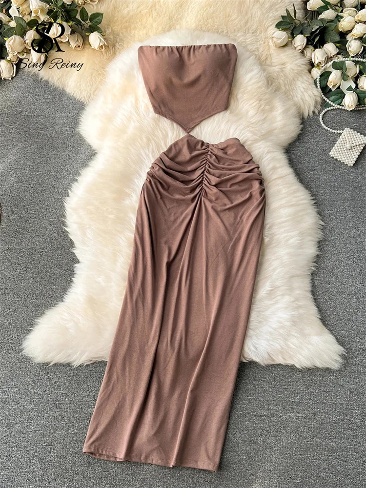 SINGREINY American sweet Beach Suits 2024 Women Strapless Mini CamisFolds Elastic Slim Skirt Streetwear Sexy Two Pieces Sets 240315