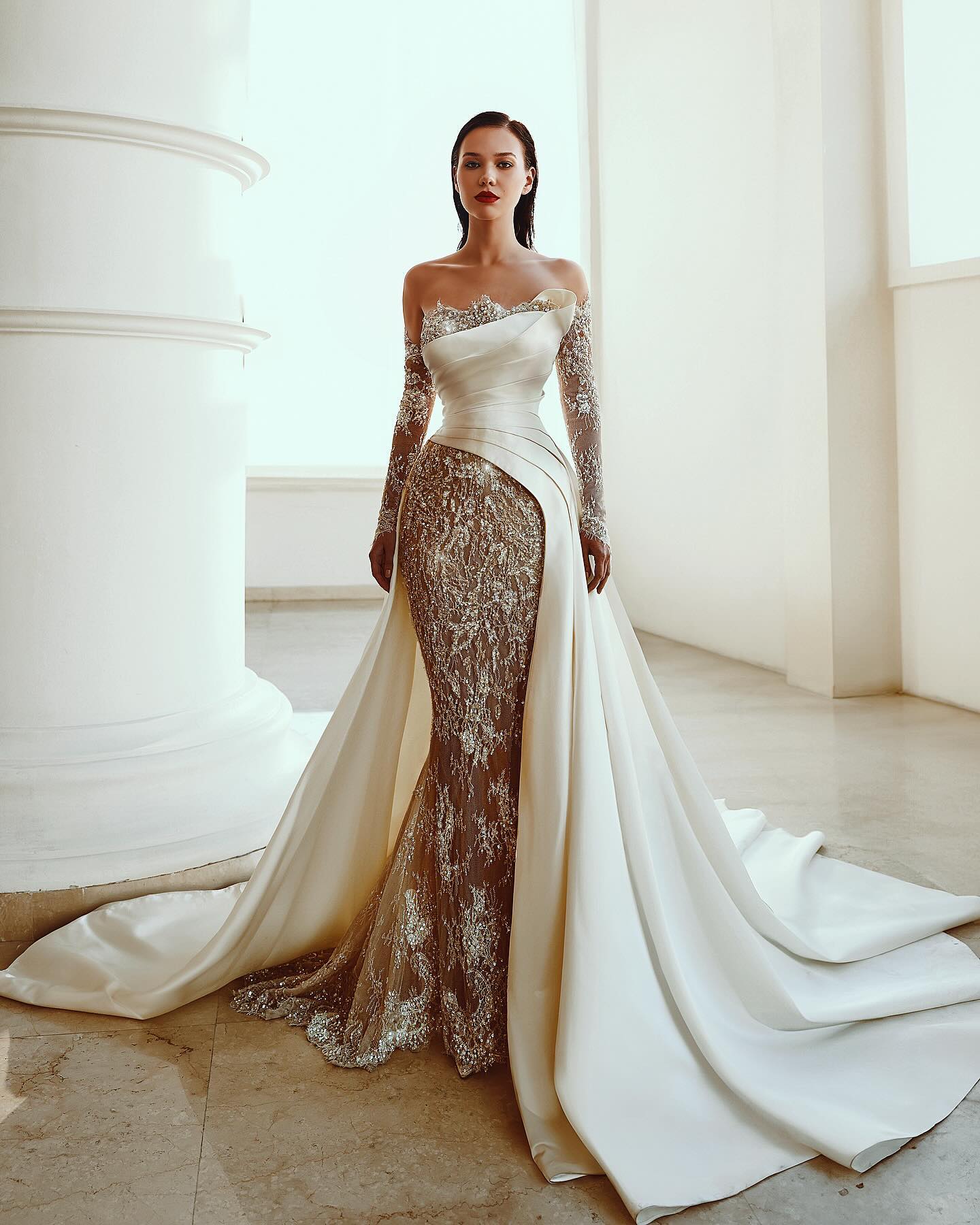 Vintage Mermaid Chart Wedding Dress for bride beads lace long sleeves wedding dresses Bridal Gowns pleats satin robe de mariage