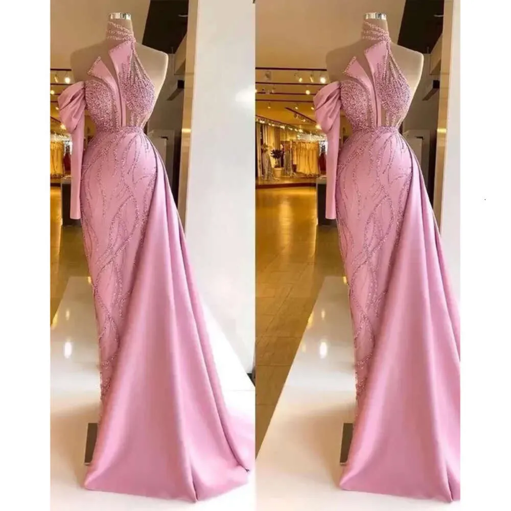 Pink Plus Lace Size Arabic Aso Ebi Stylish Sexy Prom Dresses Beaded High Neck Evening Formal Party Second Reception Gowns Dress
