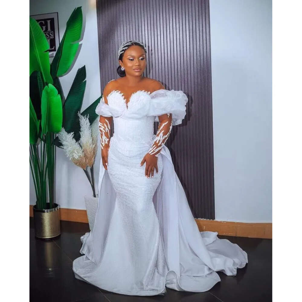 Oct Arabic Ebi Aso Plus Size White Mermaid Wedding Dress Sequined Lace Detachable Train Bridal Gowns Dresses ZJ Es