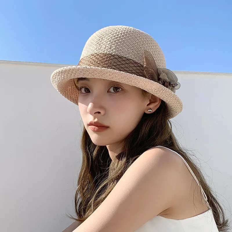 2023 Arrival Sun Hat Female Beach Sunscreen Cap For Women Summer Straw Foldable Breathable Knitted Bucket 240309