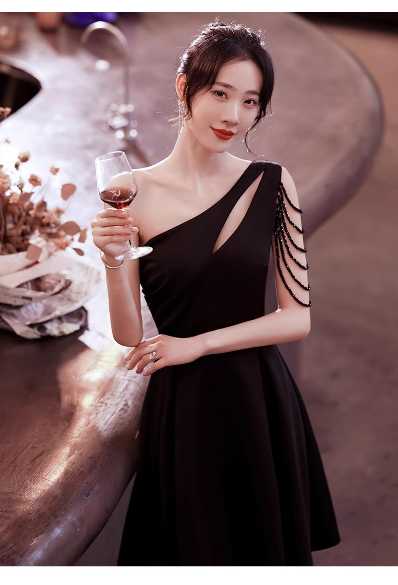 Black Women Short Cocktail Midi Evening Dress one Shoulder A-line Formal Prom Evening Party Ball Gown robe de soiree