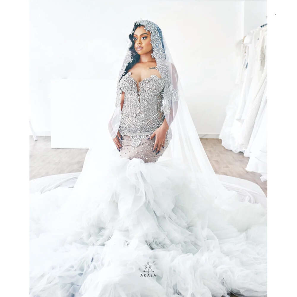 Plus Arabic Aso Ebi Size Urious Mermaid Wedding Dress Beaded Crystals Tulle Detachable Train Tiers Bridal Gowns Dresses ZJ Es 0618