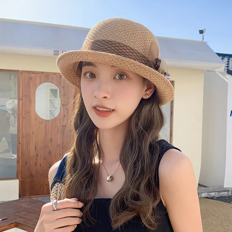 2023 Arrival Sun Hat Female Beach Sunscreen Cap For Women Summer Straw Foldable Breathable Knitted Bucket 240309