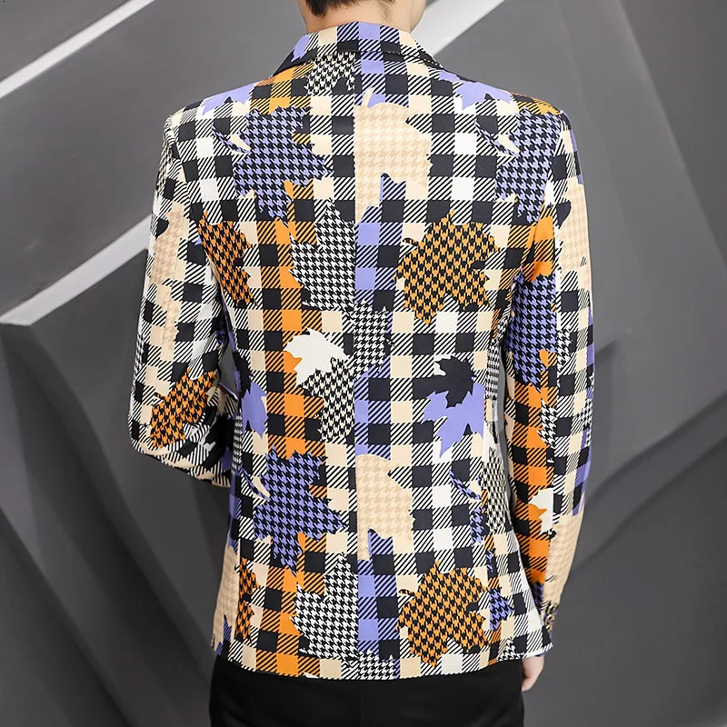 Men Plaid Print Blazer Spring Korean Fashion Casual Slim Suit Jacket Wedding Business Party Streetwear Male Clothing 240318