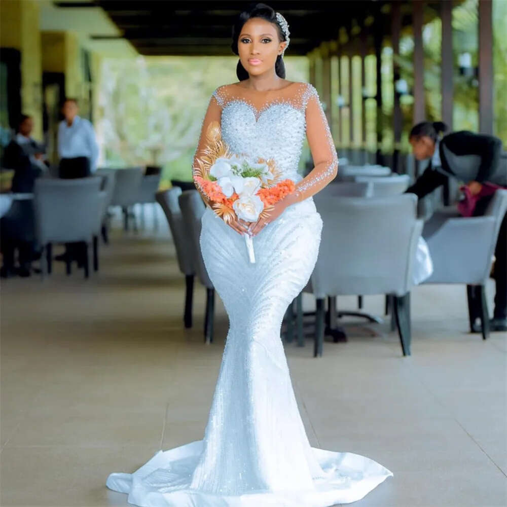Ebi Arabic Aso Nov Plus Size Sequined Lace Mermaid Wedding Dress Beaded Pearls Sexy Bridal Gowns Dresses ZJ Es
