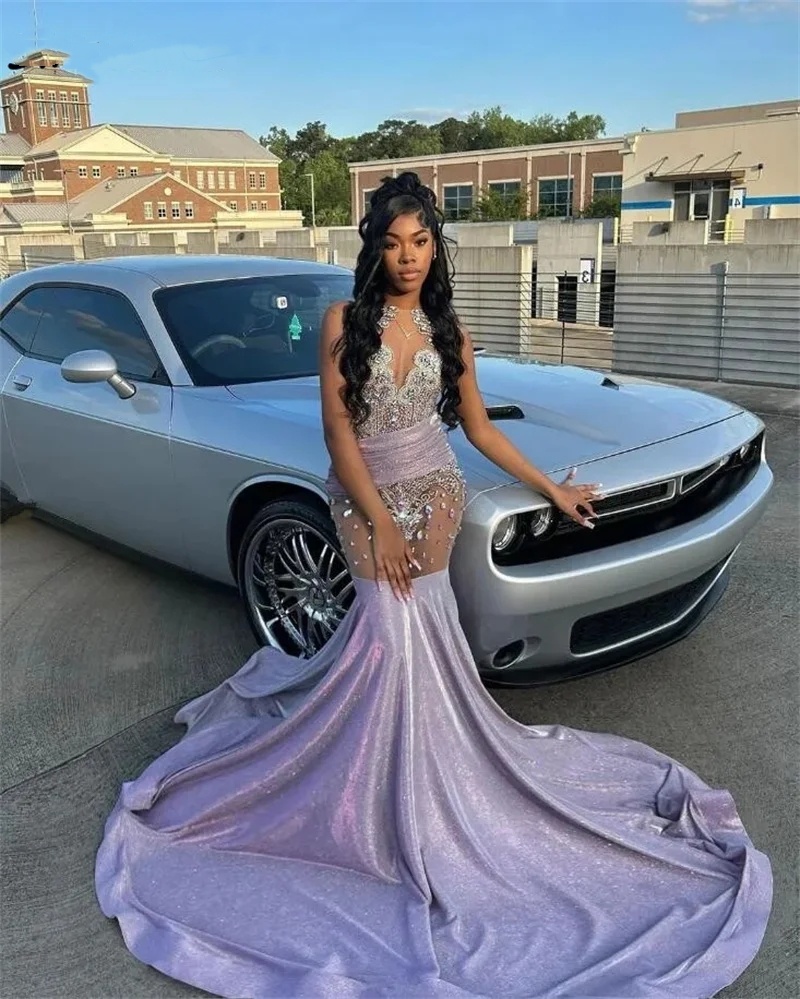 Sparkly Lilac Long Prom Dress 2024 Beads Crystals Rhinestones Court Train Glitter Birthday Party Gown s Robe