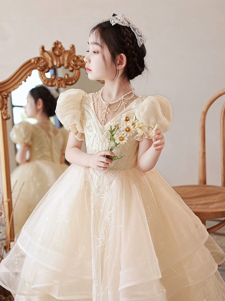 girl pageant Flower Girl Scoop Neck Puff Girls Party Dresses for Wedding princess sequined Short Sleeves Tulle Kids Christmas Ceremonial Dress