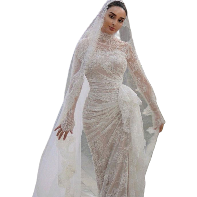 Modest Arabic Full Lace Mermaid Wedding Dresses High Neck Long Sleeves Pleats Elegant Bridal Gowns Custom Made Muslim Bride Dress