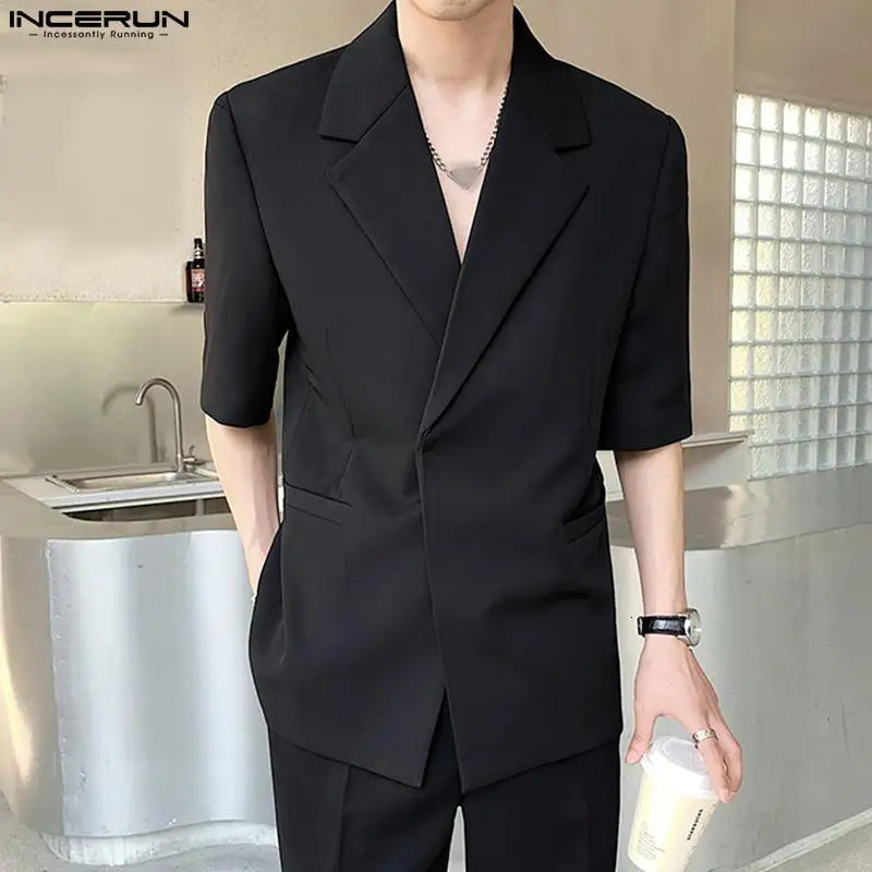 INCERUN Tops Korean Style Mens Silhouette Shoulder Pads Solid Blazer Casual Party Male All-match Short Sleeved Suit S-5XL 240318