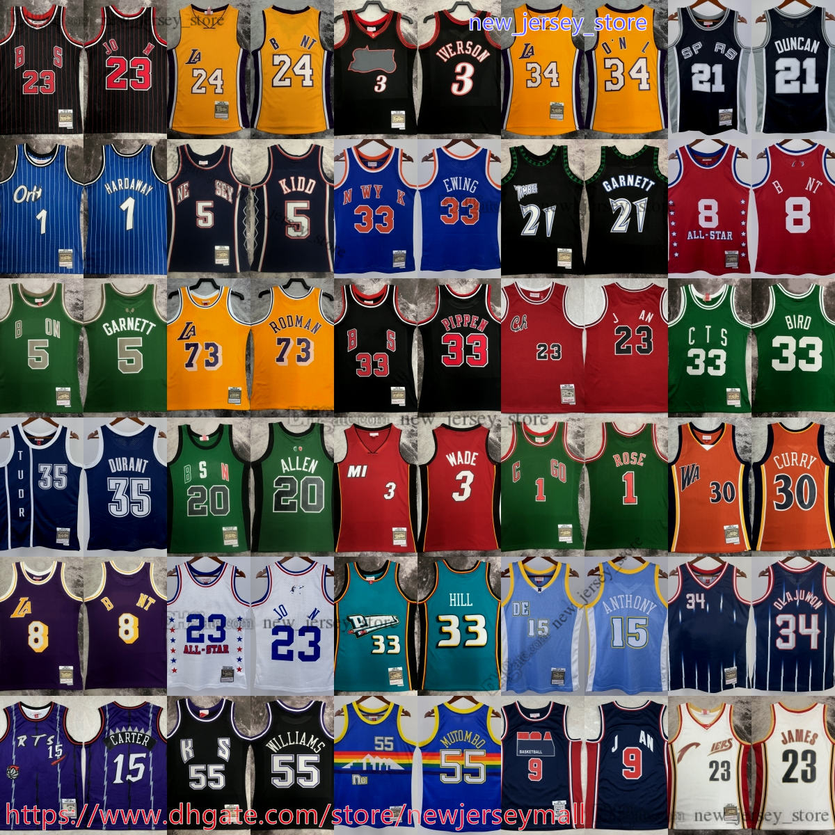 Printed Classic Retro Basketball Carter Jersey Iverson McGrady Garnett Bird Rose Pippen Rodman James Curry Anthony Mutombo Bibby Wade Ewing Durant Hardaway Bibby