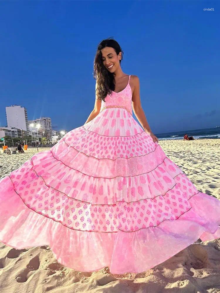 Casual Dresses Print Ruffles Oversized Hem Women Dress Fashion Loose Long Backless Sling Vestidos Spring Summer Beach Female Robe AA Discount for in-s