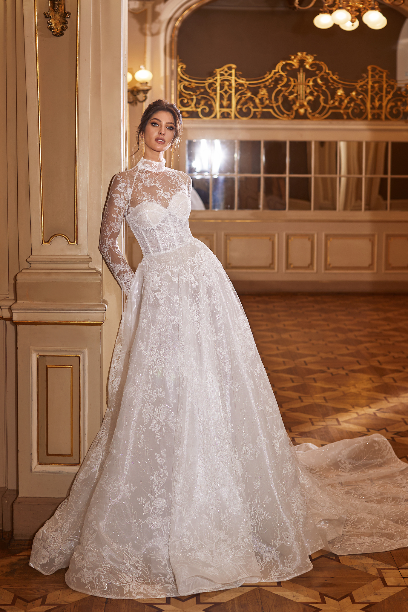ral Prints Removable High Collar Full Sleeves Jecket A-e Wedding Dress Sparkly Appliques Lace Elegant Bridal Gowns embroidered With Delicate bg Tulle