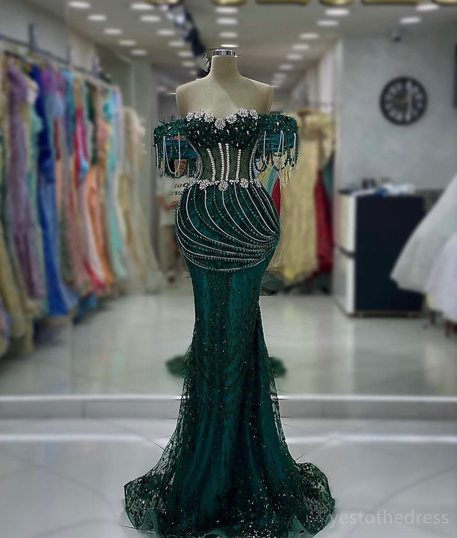 2024 Plus Size Aso Ebi Prom Dresses For Black Women Hunter Green Evening Gowns Off Shoulder Beaded Lace Tassel Beading Formal Birthday Dresses Recepti