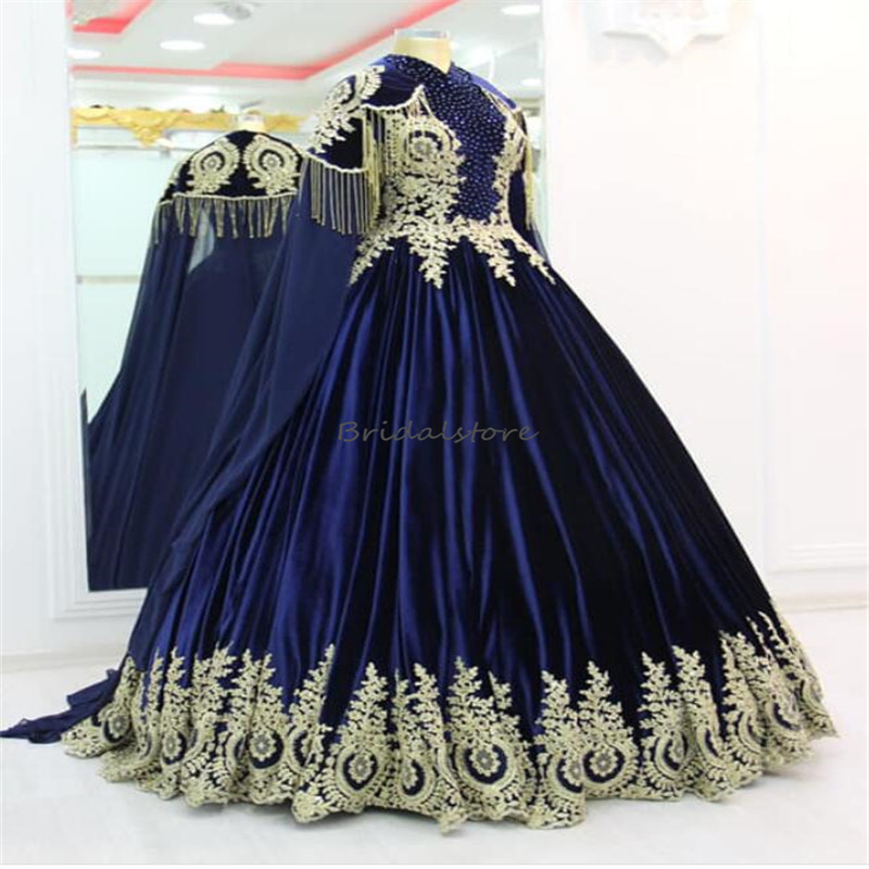 Luxury Green Red Muslimah Wedding Dress Turkish Islamic High Neck Muslim Bridal Gowns Beaded Gold Appliques Arabian Dubai Gothic Bride Dress Medieval 