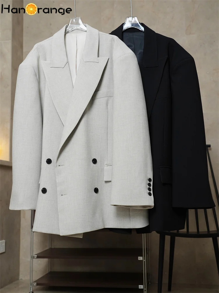 HanOrange Spring Fashion Retro Wide Shoulder Double Breasted Suit Coat Women 3D Straight Blazer BlackOat 240321