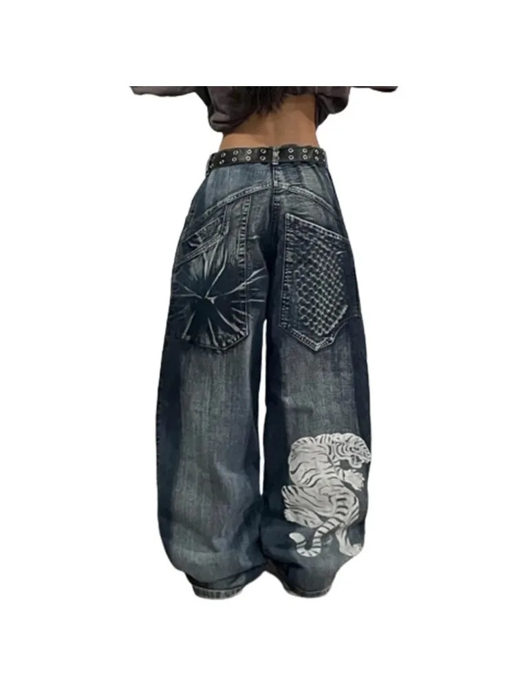 Gothic Y2K Baggy Jeans for Women Hip Hop Streetwear Blue Jeans Women Graphic Retro Jeans 90s Pants Harajuku High Waist Trouser 240315