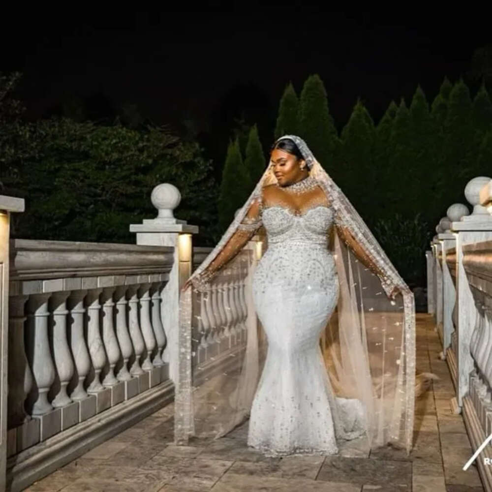 Ebi Arabic Aso Oct Plus Size Ivory Mermaid Wedding Dress Beaded Crystals Lace Bridal Gowns Dresses ZJ Es 6660306