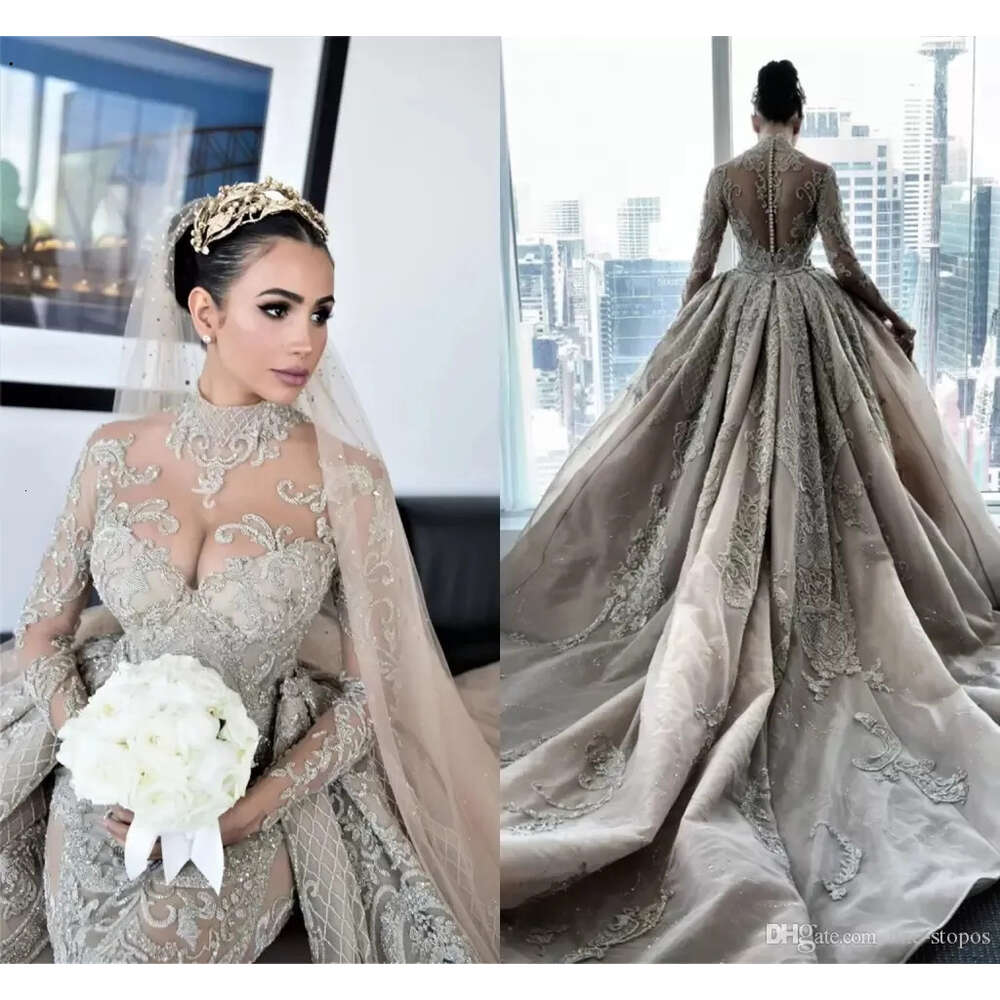 2022 Crystal Beaded High Neck Mermaid Wedding Dresses with Detachable Train Sexy Plus Size Long Sleeves Arabic Muslim Bridal Gown
