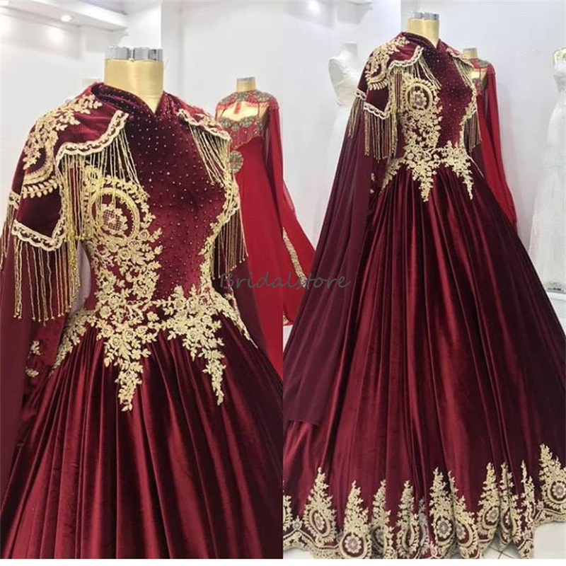 Luxury Green Red Muslimah Wedding Dress Turkish Islamic High Neck Muslim Bridal Gowns Beaded Gold Appliques Arabian Dubai Gothic Bride Dress Medieval 