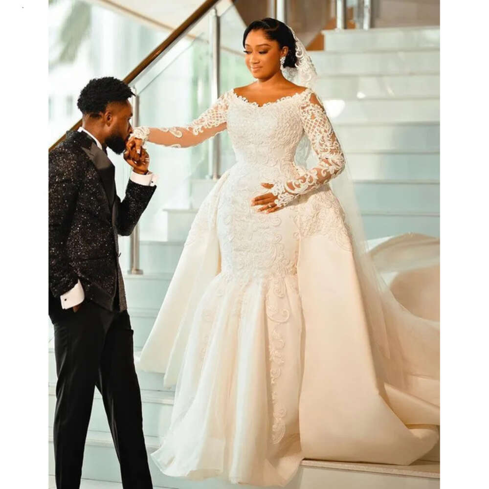 Ebi Arabic Aso Oct Plus Size Ivory Mermaid Wedding Dress Lace Long Sleeves Bridal Gowns Dresses ZJ Es 0228Lz