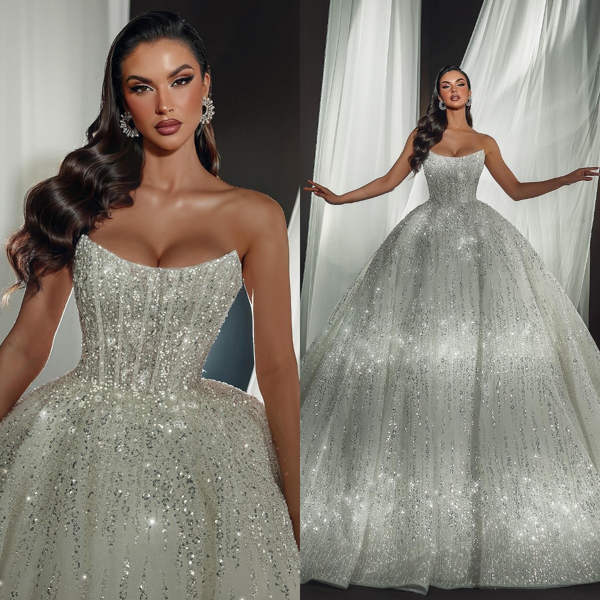 Gorgeous Crystal Covered Ball Gown Wedding Dress For Bride Strapless Vestido De Noiva Sweep Train Robe Mariage Sequins Beaded Ruched Bridal Gowns 0616
