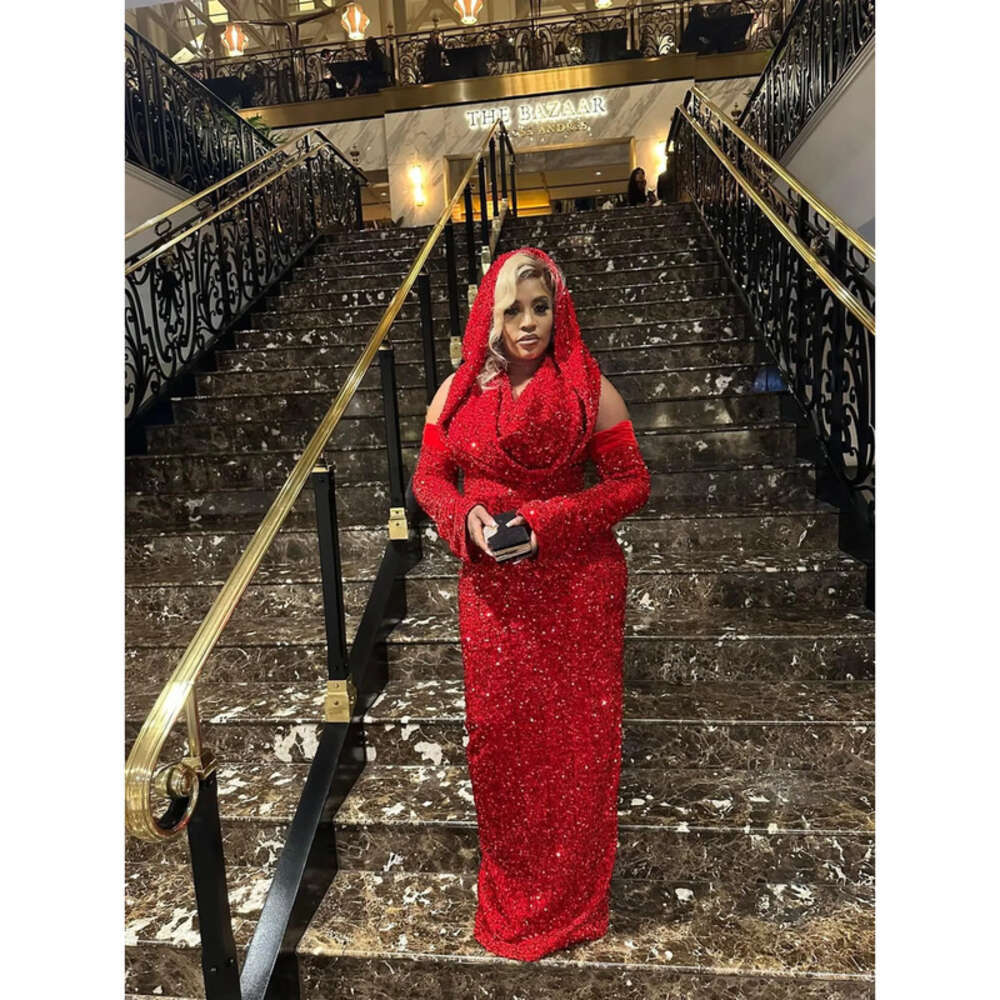 Arabic Aso Ebi Oct Sheath Red Prom Dress Sequined Lace Evening Formal Party Second Reception Birthday Engagement Gowns Dresses Robe De Soiree