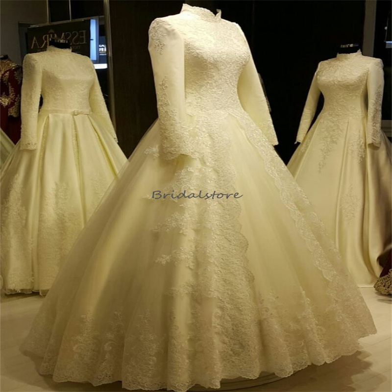 Elegant Muslimah Wedding Dresses 2024 Appliques Lace Long Sleeve Bridal Dresst Ball Gown Garden Country Bride Dress Islamic Muslim Church Novia Robe D