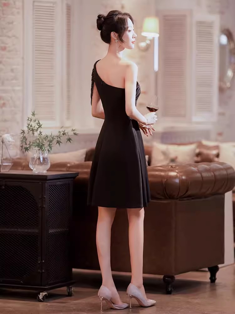 Black Women Short Cocktail Midi Evening Dress one Shoulder A-line Formal Prom Evening Party Ball Gown robe de soiree