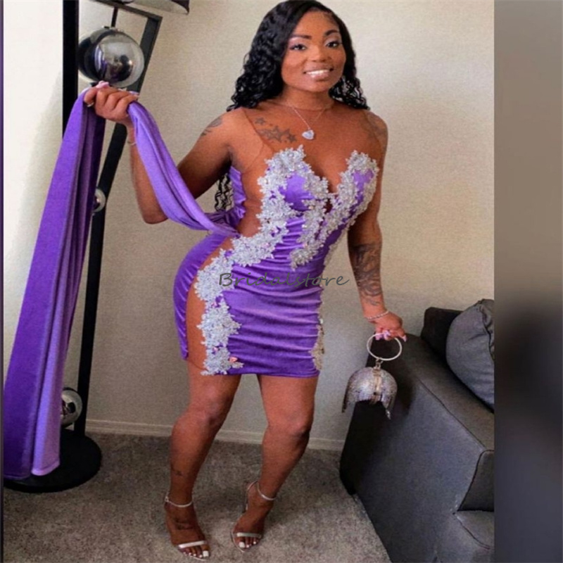 Velvet Prom Dresses For Black Girls Elegant Black With Gold Lace Mini Short Evening Dress With Train Sheer Neck Cocktail Dress Dinner Party Holiday Fo