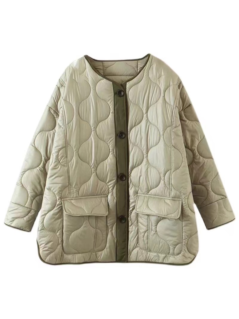 Simple Round-neck Buckle Outerwear Women Autumn Winter Fashion Lazy Style Color-matching cotton-padded jacket Chic Breasted Long Sleeve Jacket