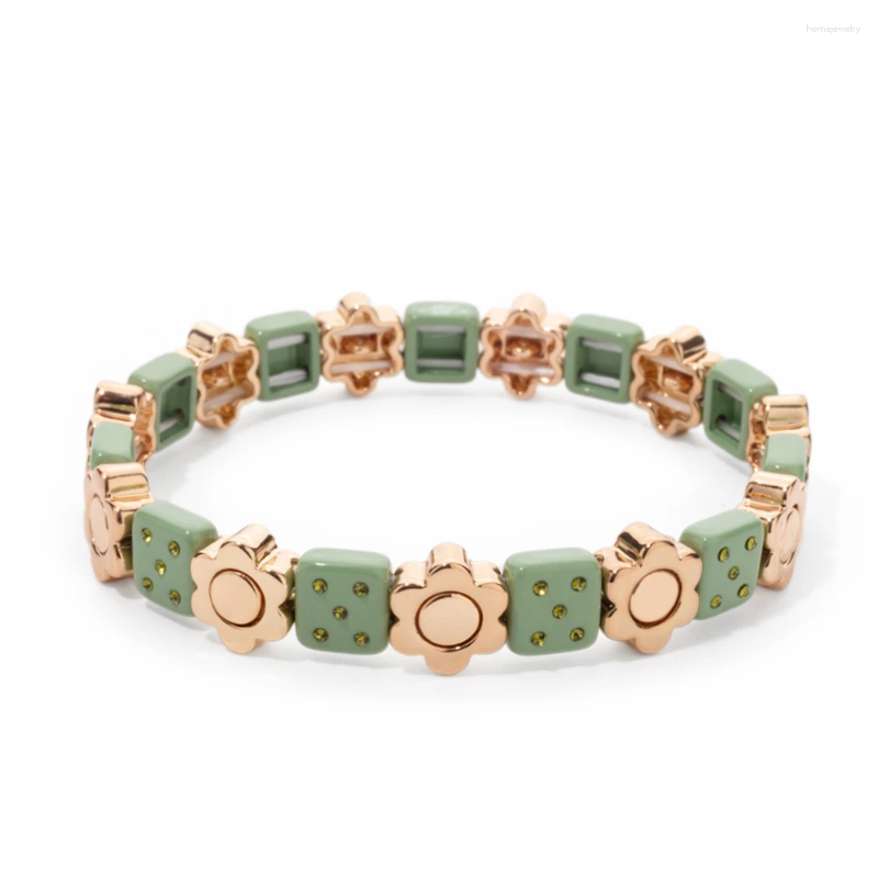 Strand Alloy Dice Beads Inlaid Rhinestone Bracelet Boho Enamel Flower Elastic 2024 Women
