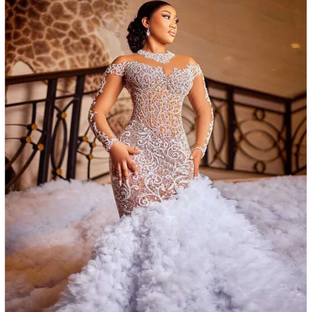 Aso Oct Ebi Arabic Plus Size Ivory Mermaid Wedding Dress For Bride Beaded Lace Tiers Tulle Bridal Gowns Dresses ZJ Es 0505