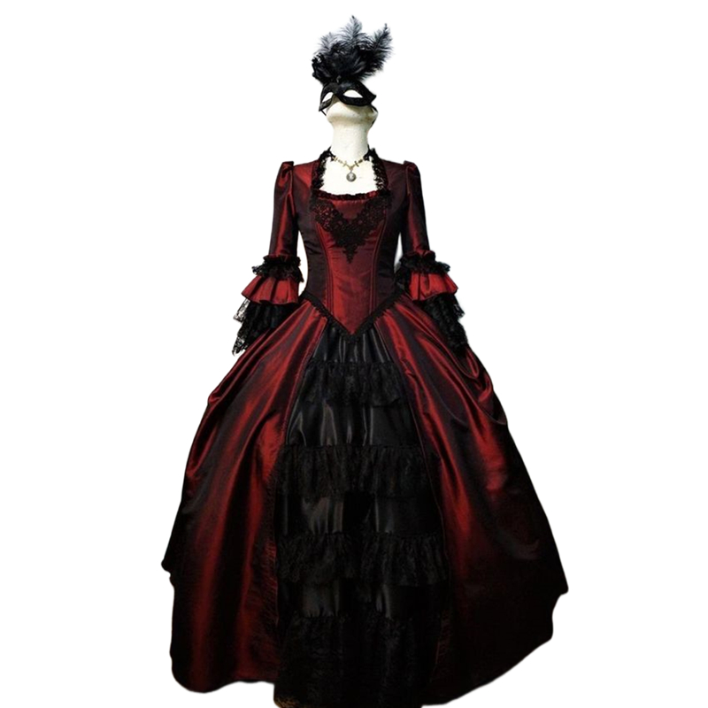 2024 Vintage Victorian Ball Gown Prom Dresses Dark Red And Black Gothic Cosplay Masquerade Dress For Women Floor Length Bell Long Sleeves Square Neck