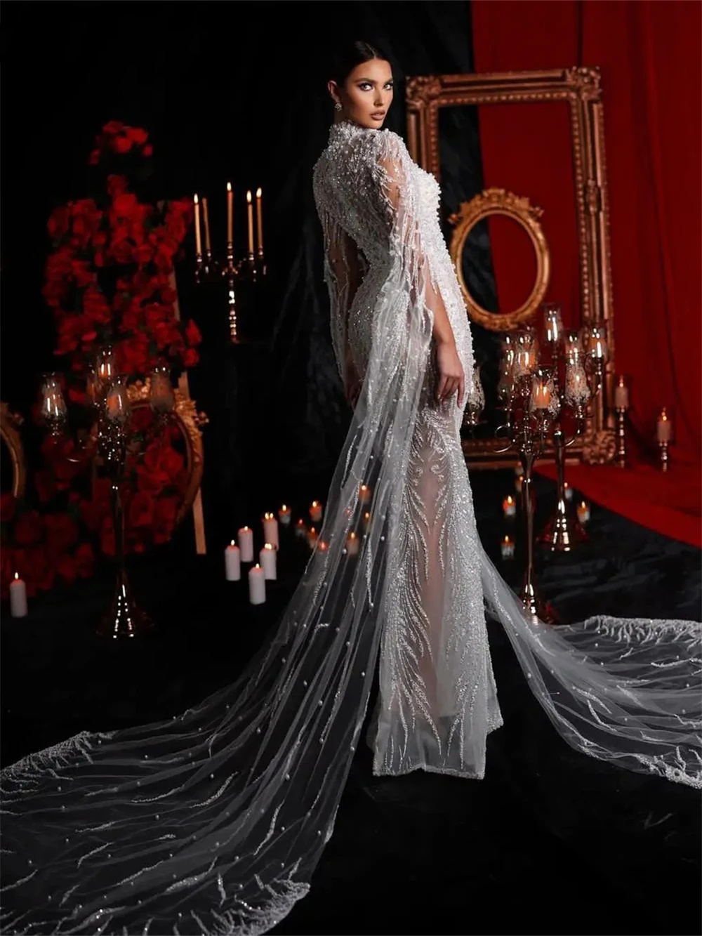 Vintage High Neck Mermaid Wedding Dresses Pearls Sequins Bridal Gowns Cape Sleeves Slim Illusion Custom Made Vestidos De Novia