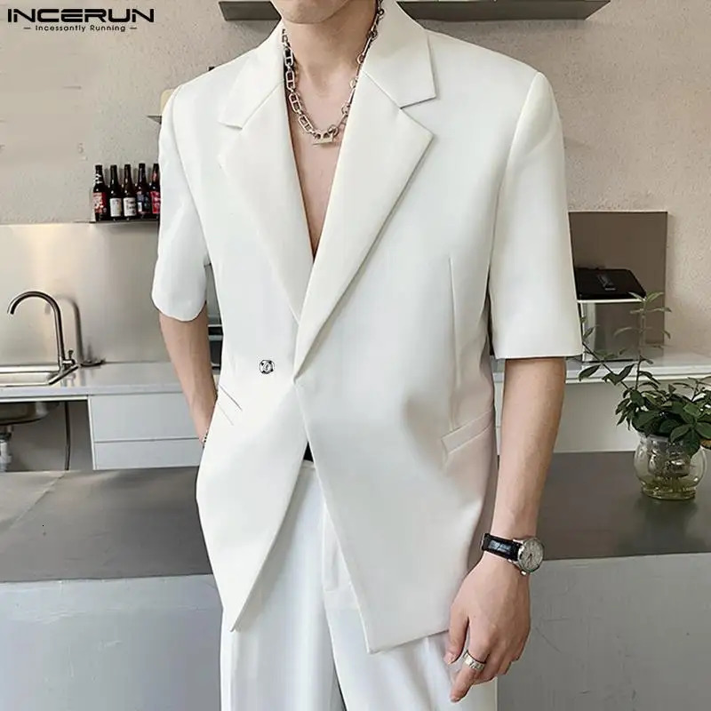INCERUN Tops Korean Style Mens Silhouette Shoulder Pads Solid Blazer Casual Party Male All-match Short Sleeved Suit S-5XL 240318