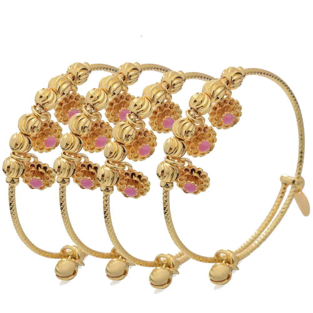 4pcs/Lot Dubai Gold Color Bangles For Baby Chind 3-12Years Girls Flower Wedding Bracelet Bangles Africa Arab Jewelry 240315