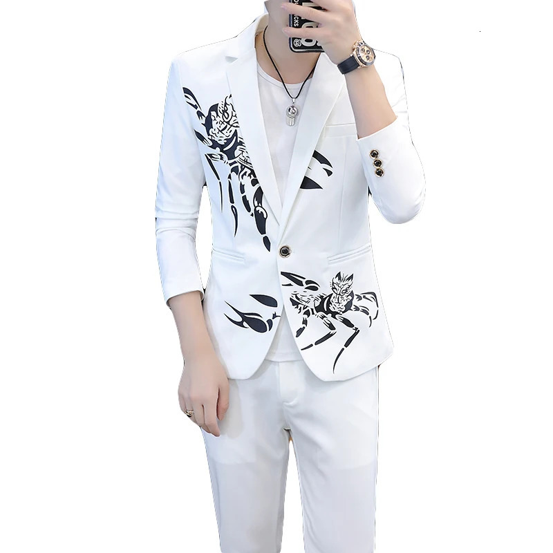 Mens Yellow Printed Suit Jacket and Trousers Spring Autumn Slim Men 2 Piece White Black Blazer Pants 240318
