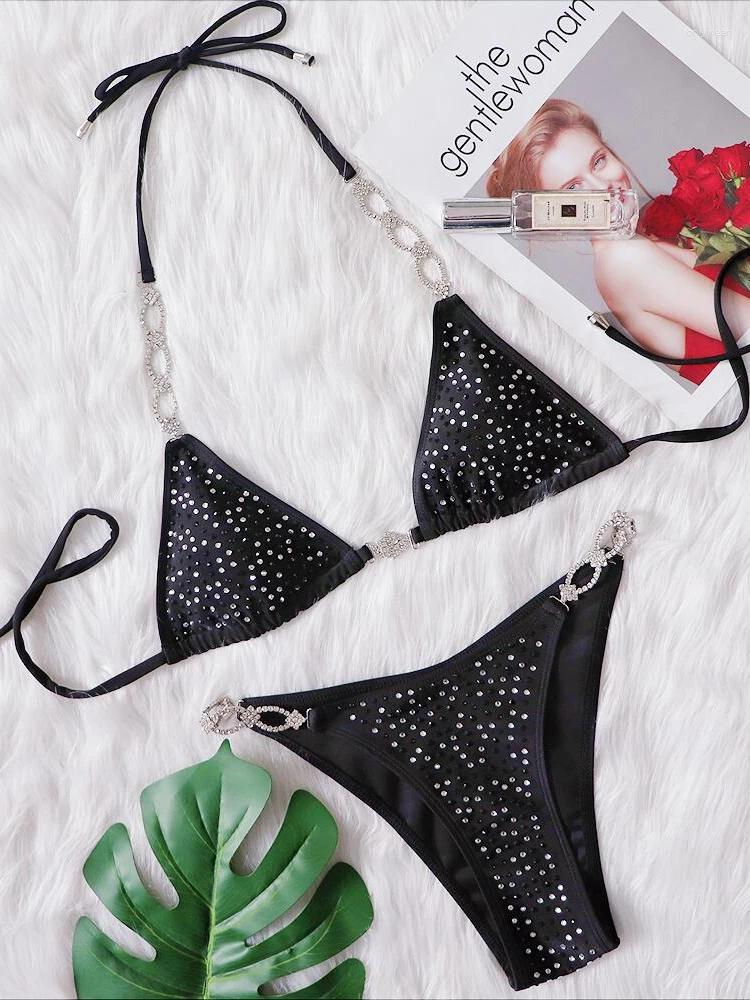 Women's Swimwear 6 Colors Sexy Bikini Hollow Rhinestones Chain Halter Swimsuit Women Bikinis Set Bathing Suit Beach Luxe Female
